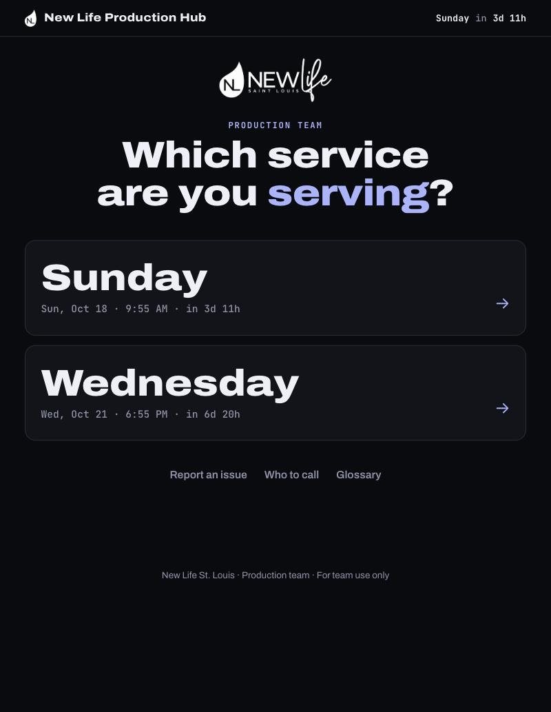 Production Hub home screen asking which service you're serving, with Sunday and Wednesday options and live countdowns